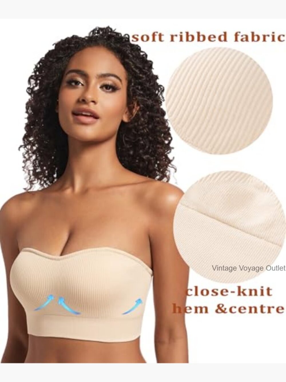 Strapless Bandeau Bra Ribbed Seamless Non-Slip Padded Wireless Tube Top Bra View 2